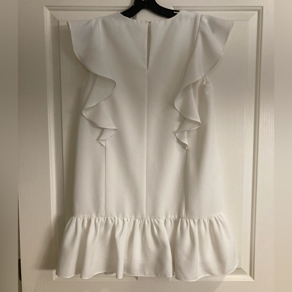 White Ruffle Front English Factory Drop Waist Mini Dress - Picture 2 of 6